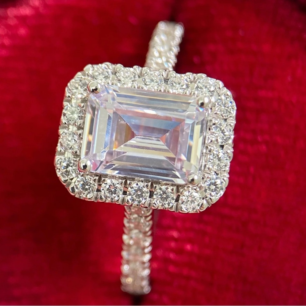 New | Emerald cut halo Moissanite Diamond cocktail ring (Sterling Silver)